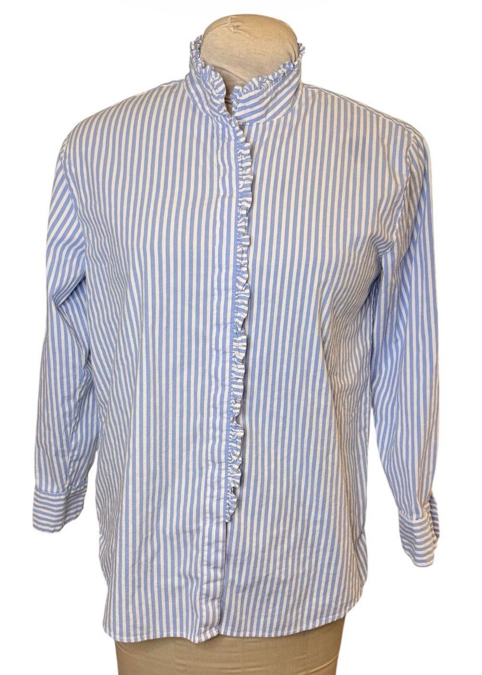 Crown & Ivy Striped Blouse Ruffle Button Front Stand Up Collar Small Preppy Clas